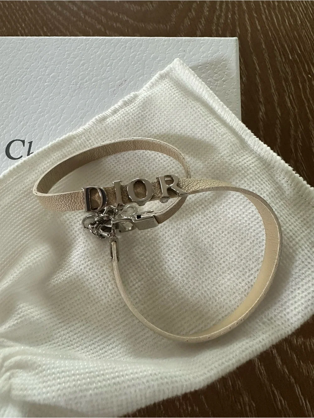 Dior Beige Leather Double Wrap Bracelet / Choker with Silver Logo